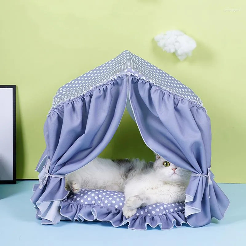 Foldable Summer Pet Bed Tent - Breathable Cotton Canvas - Versatile Design - Plush Balls - Suitable for Cats & Small Dogs