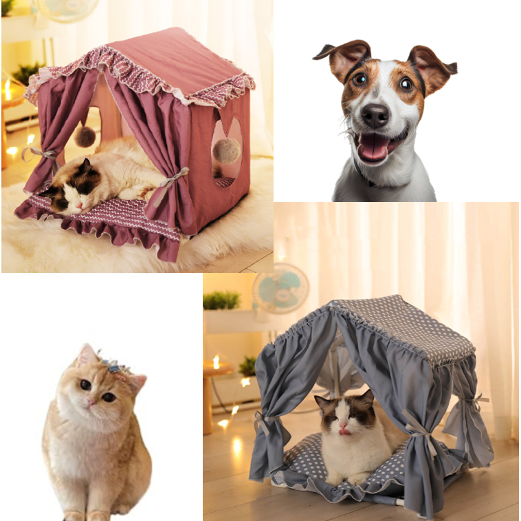 Foldable Summer Pet Bed Tent - Breathable Cotton Canvas - Versatile Design - Plush Balls - Suitable for Cats & Small Dogs