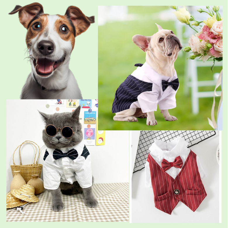 Elegant Pet Tuxedo for Dogs and Cats - Striped Vest, White Satin Shirt Bow Tie Perfect for Weddings and Formal Occasions