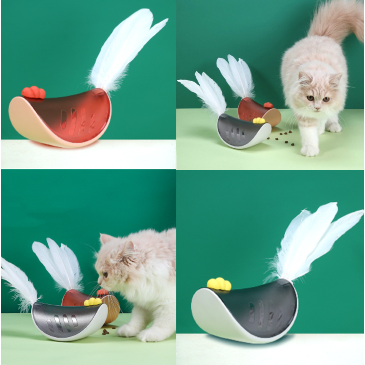 PawPuzzle Snack N' Play Cat Toy - Interactive Treat Dispenser with Tumbler and Feather, Cartoon Chicken Design