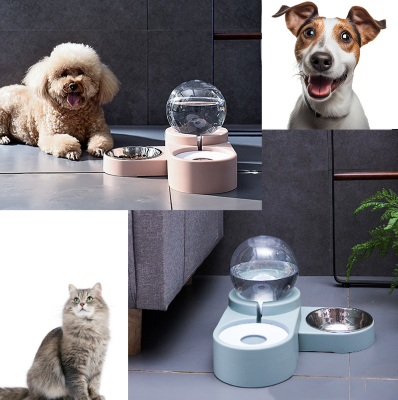 Stylish AquaFlow Ball Pet Fountain: Automatic water dispenser split design stainless steel bowl. Keep pets hydrated and happy