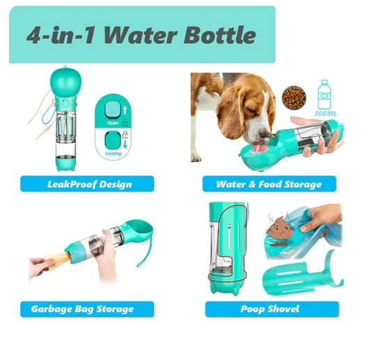 Multifunctional Pet Travel Buddy  4-in-1 Water Bottle Food Storage Garbage Bag Dispenser, Stool Shovel - Portable Leak-Proof