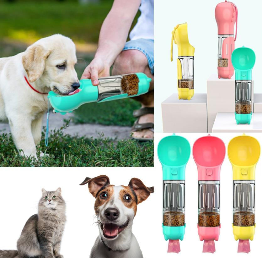 Multifunctional Pet Travel Buddy  4-in-1 Water Bottle Food Storage Garbage Bag Dispenser Stool Shovel Portable and Leak-Proof