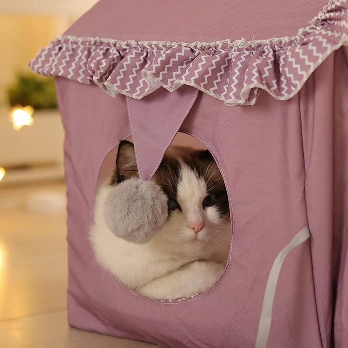 Foldable Summer Pet Bed Tent - Breathable Cotton Canvas - Versatile Design - Plush Balls - Suitable for Cats & Small Dogs