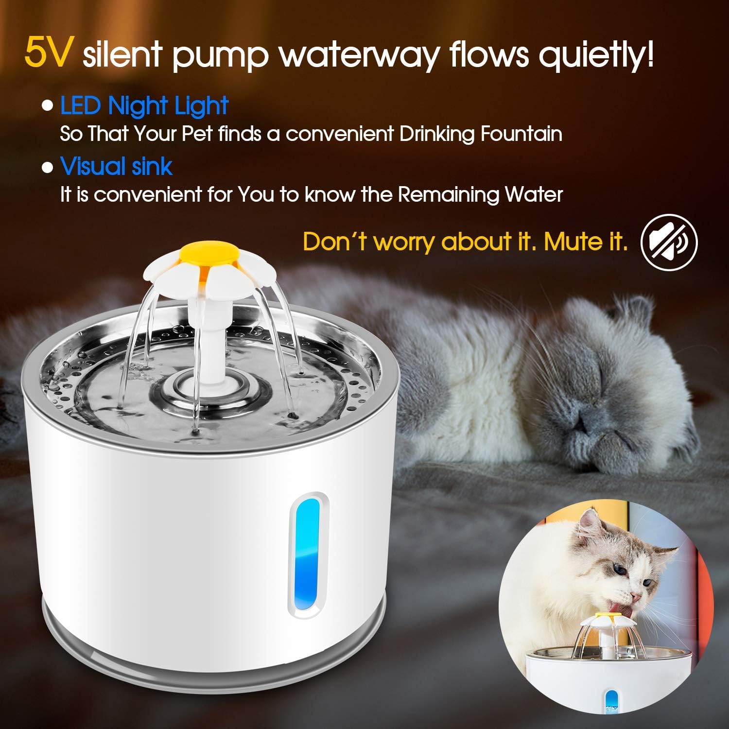 Automatic Pet Fountain with LED Lighting - Clean & Hygienic Drinking Dispenser for Dogs & Cats - 80oz Capacity - USB Powered