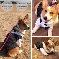 Elegant Pet Tuxedo for Dogs and Cats - Striped Vest, White Satin Shirt Bow Tie Perfect for Weddings and Formal Occasions