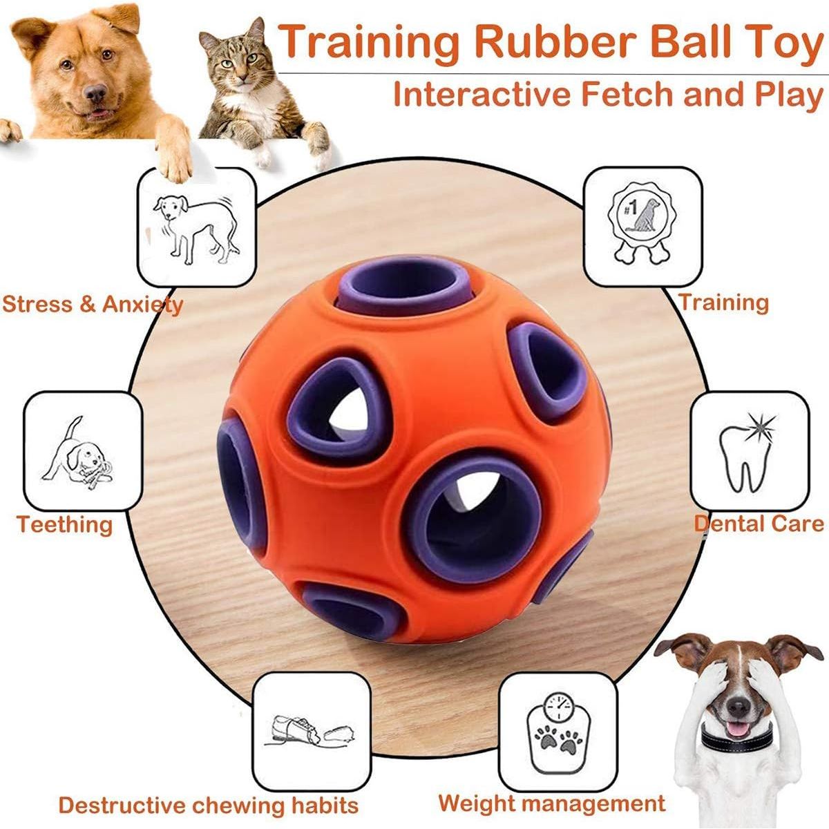 Illuminated Sound Dog Ball - Luminous Interactive Toy with Bell  Durable Rubber  Teeth Cleaning  Bounce & Wobble  