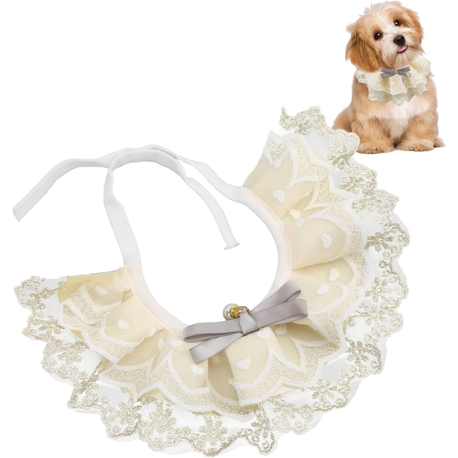 Elegant PetPearl Bib - Stylish lace collar with bowknot and pearl decoration for cats and dogs. Comfortable and durable.