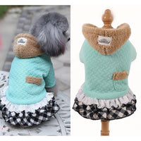 CozyCanine Couture Skirt: Stylish green dog skirt with hood and fleece lining for small dogs. Winter fashion 