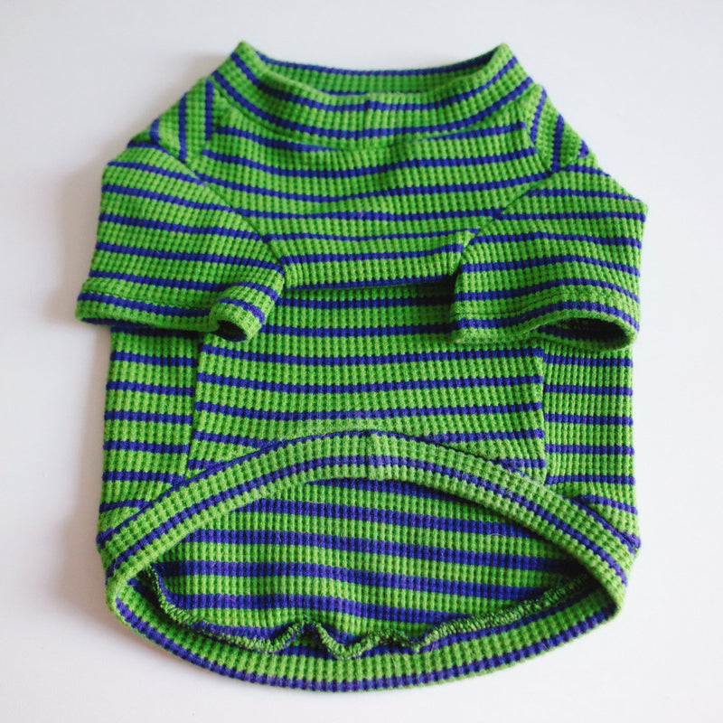 "Stylish Green and Blue Dog Waffle Stripe Shirt - Comfortable and Trendy Pet Apparel"