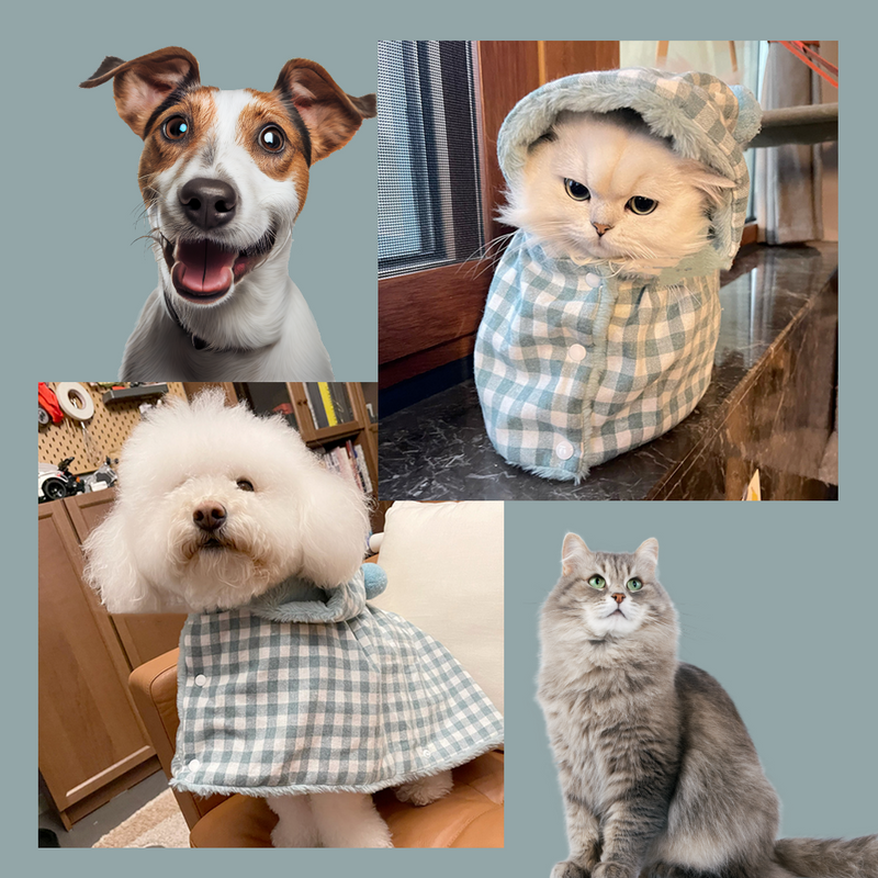 CozyPet Wrap 'n Sleep Cloak - Winter Warm Pet Blanket, Gray Plaid Design - Small Dog and Cat Clothes