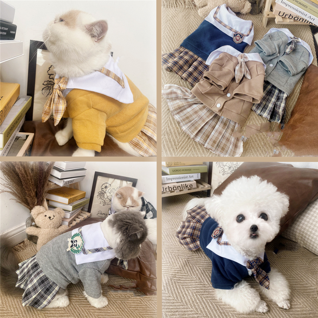 PetBritish™ College Dress: Elegant plain sweater vest and plaid skirt  for fashionable pets - cozy and stylish pet fashion.