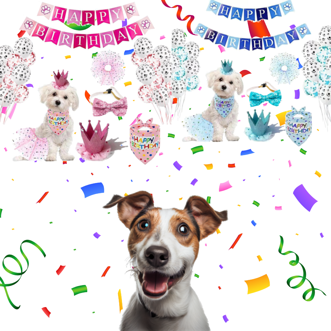 Pawsome Party Set: Dog Birthday Girl Outfit & Supplies - Bandana, Hat, Bowtie, Skirt, Paw Balloons - Pink & Blue Decorations