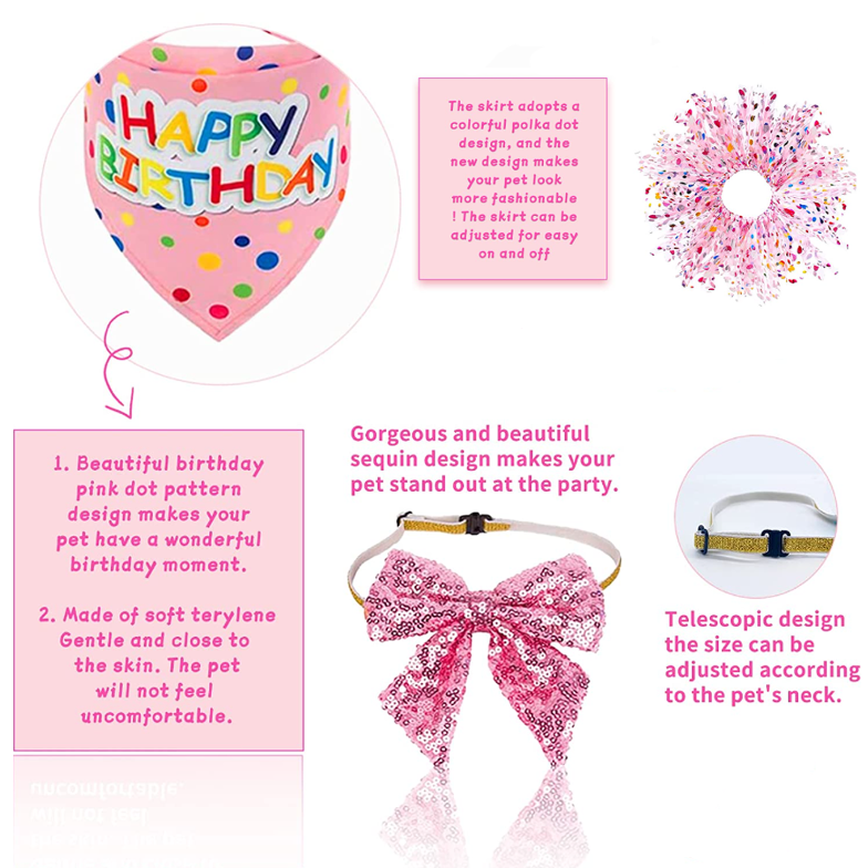 Pawsome Party Set: Dog Birthday Girl Outfit & Supplies - Bandana, Hat, Bowtie, Skirt, Paw Balloons - Pink & Blue Decorations