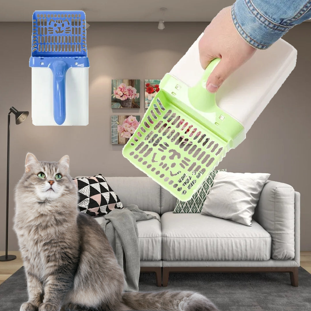 Efficient and durable PurrfectScoop™ cat litter system with scoop, waste bin, and scented bags for easy, mess-free cleaning.