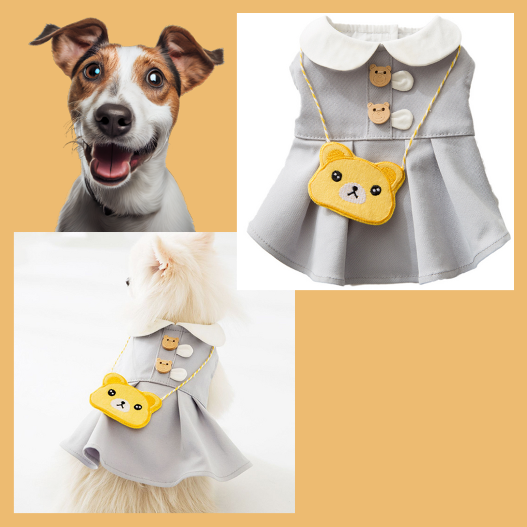 TeddyPup Summer Delight Dress - Stylish, Comfortable Dog Dress with Teddy Bear Design - Gray with Yellow Details