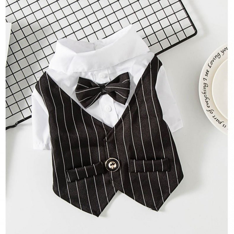 Elegant Pet Tuxedo for Dogs and Cats - Striped Vest, White Satin Shirt Bow Tie Perfect for Weddings and Formal Occasions