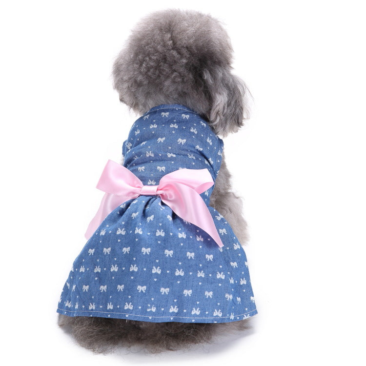 Pawsome™ Princess Dress: Cute Blue Polyester Jeans Pet Dress for Small and Medium Dogs with Fashionable Pink Bowknot