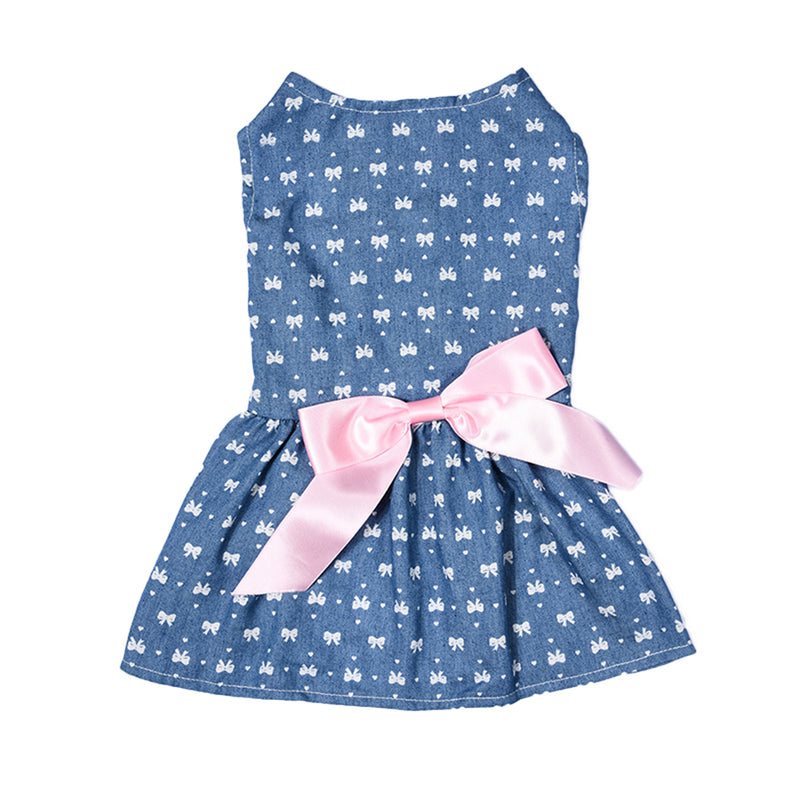 Pawsome™ Princess Dress: Cute Blue Polyester Jeans Pet Dress for Small and Medium Dogs with Fashionable Pink Bowknot