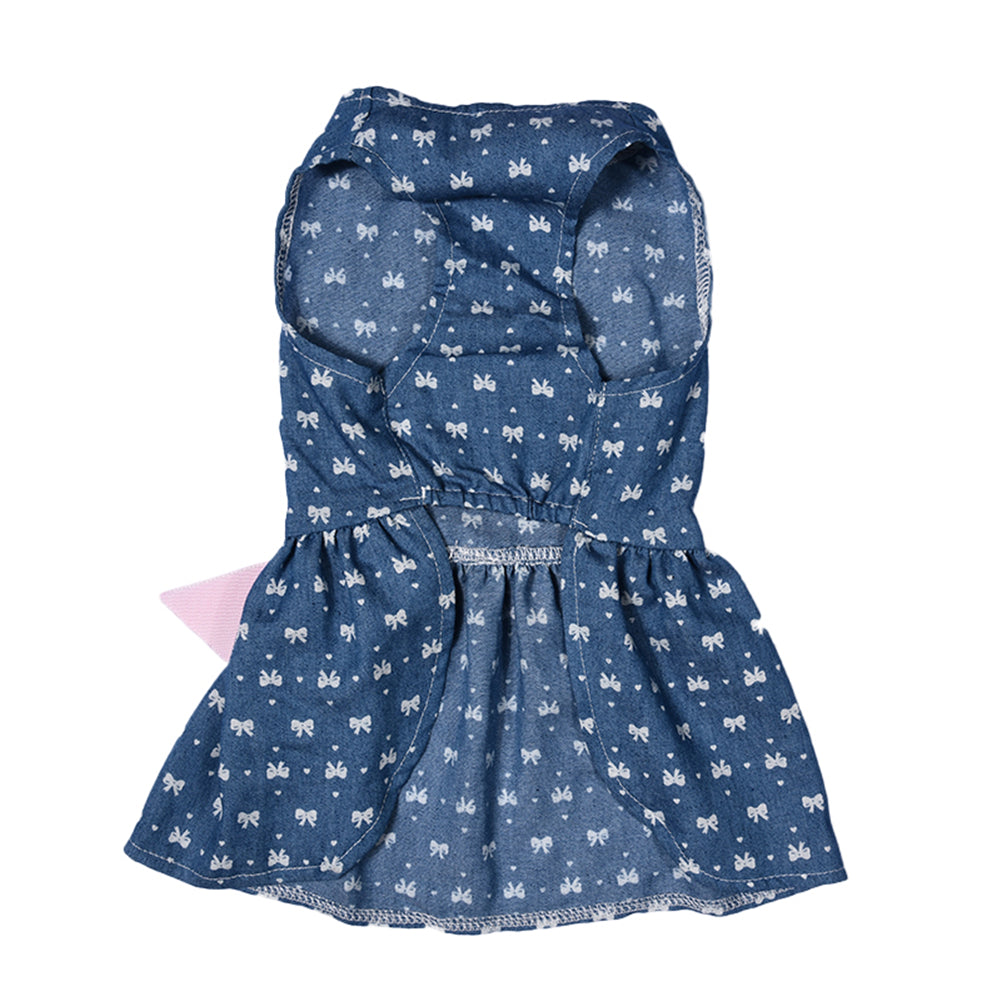 Pawsome™ Princess Dress: Cute Blue Polyester Jeans Pet Dress for Small and Medium Dogs with Fashionable Pink Bowknot