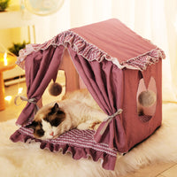 Foldable Summer Pet Bed Tent - Breathable Cotton Canvas - Versatile Design - Plush Balls - Suitable for Cats & Small Dogs