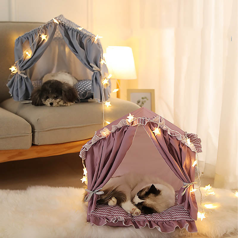 Foldable Summer Pet Bed Tent - Breathable Cotton Canvas - Versatile Design - Plush Balls - Suitable for Cats & Small Dogs