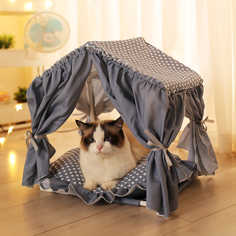 Foldable Summer Pet Bed Tent - Breathable Cotton Canvas - Versatile Design - Plush Balls - Suitable for Cats & Small Dogs