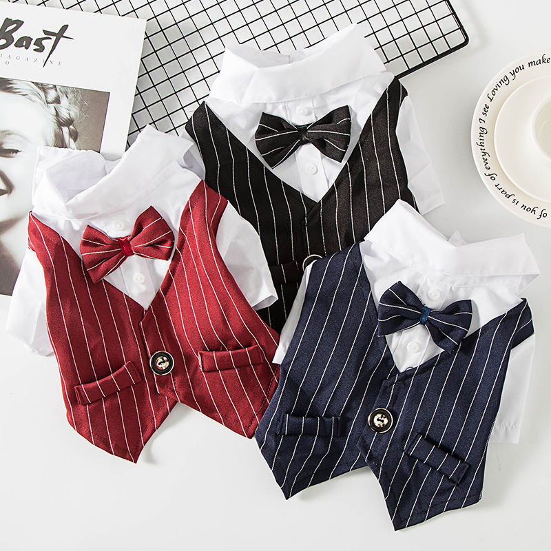 Elegant Pet Tuxedo for Dogs and Cats - Striped Vest, White Satin Shirt Bow Tie Perfect for Weddings and Formal Occasions