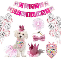 Pawsome Party Set: Dog Birthday Girl Outfit & Supplies - Bandana, Hat, Bowtie, Skirt, Paw Balloons - Pink & Blue Decorations