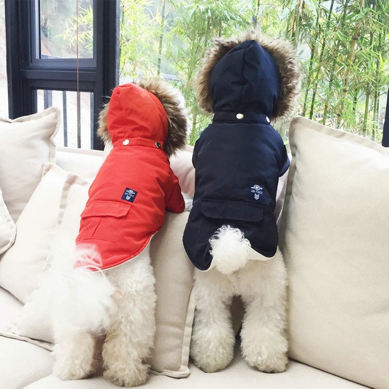  "PawShield™ Arctic Aviator Jacket - Stylish and Warm Dog Winter Coat - Air Force Style - Hooded Puffer Jacket"